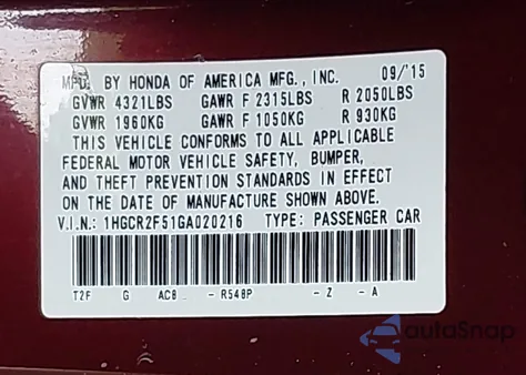 2016 Honda Accord Sport из США, поврежденный, VIN 1HGCR2F51GA020216